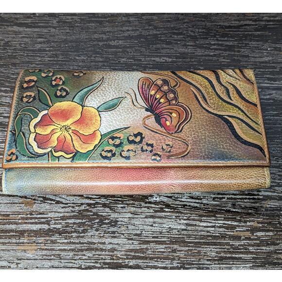 Anuschka Painted Multi color Multicompartment Leather Tri Fold Long Wallet - Picture 1 of 4